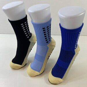 Unisex Non Slip Grip Crew Socks Set 3 Ribbed Cuff Black Blue Beige